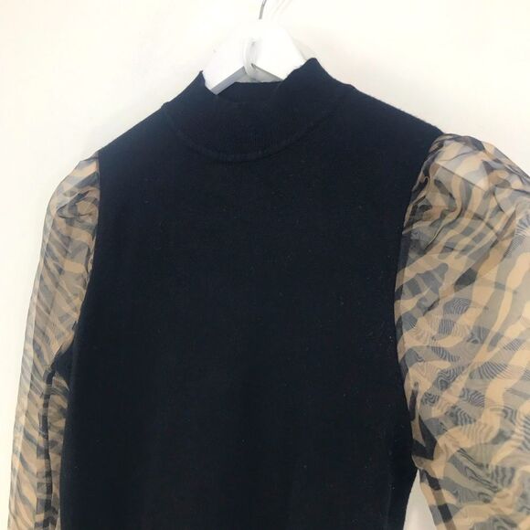Sioni Milano Black Knit Semi Sheer Zebra Sleeve Pullover Mock Neck Sweater - Picture 4 of 12